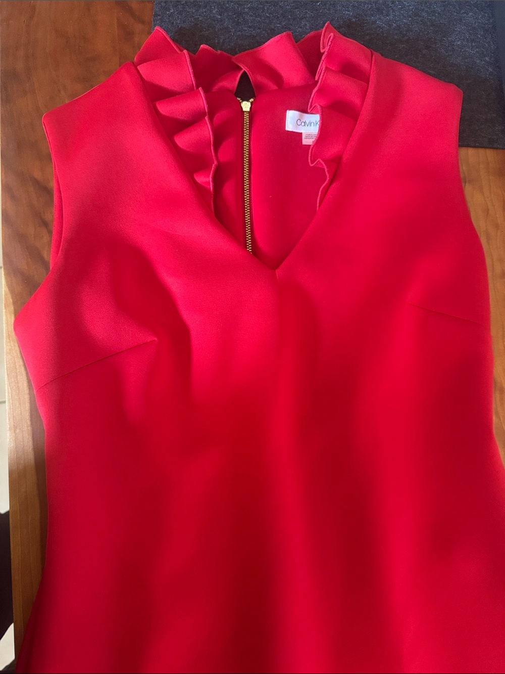Calvin Klein Vibrant Red Ruffle V-Neck Sleeveless Dress